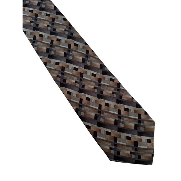 Vintage Alexander Julian Neutral Geometric Blues and Tan Silk Necktie - Picture 1 of 3